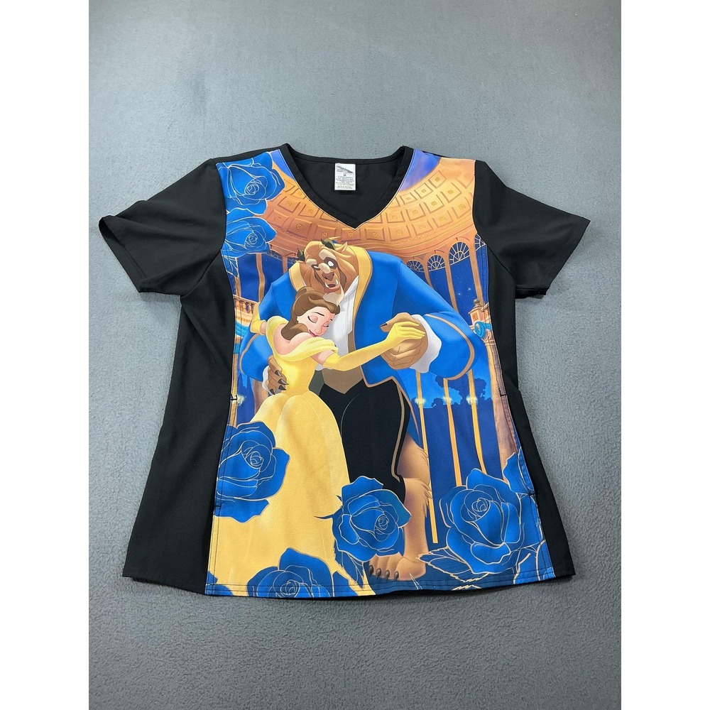 Disney Scrub Top Women Medium Black Beauty and the Beast Belle Graphic TF627